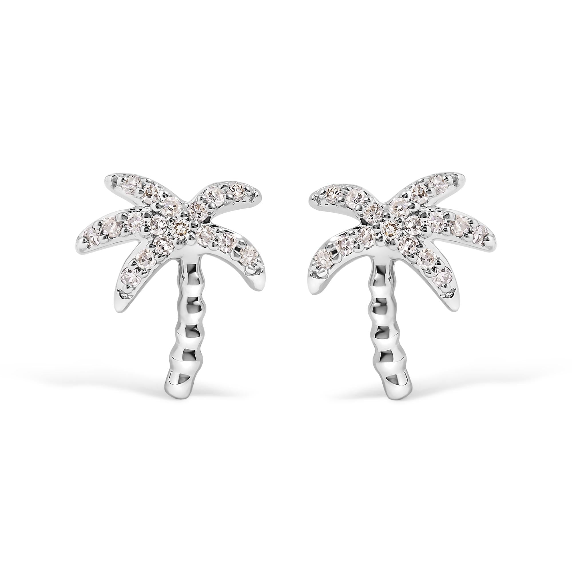 10K White Gold 1/10 Cttw Diamond Encrusted Palm Tree Stud Earrings (H-I Color, I1-I2 Clarity)