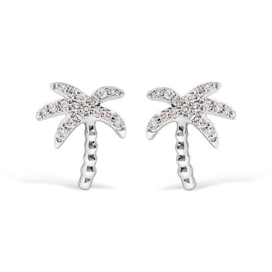 10K White Gold 1/10 Cttw Diamond Encrusted Palm Tree Stud Earrings (H-I Color, I1-I2 Clarity)