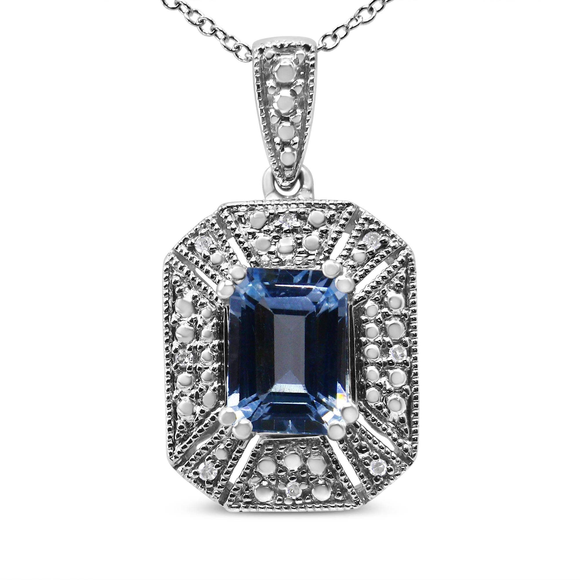 .925 Sterling Silver Blue Topaz and Diamond Accent Art Deco Style 18" Pendant Necklace (I-J Color, I1-I2 Clarity)