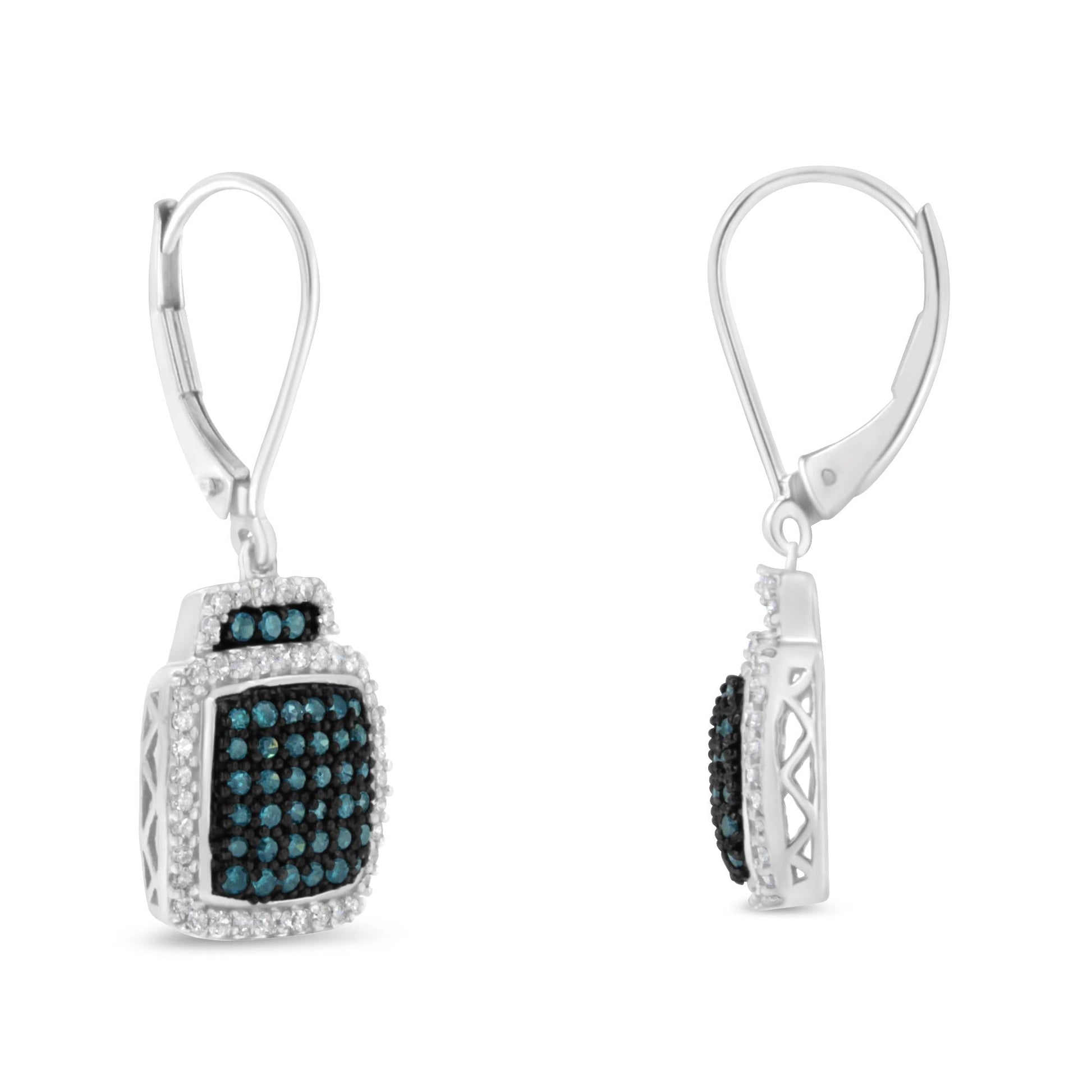 Black Rhodium over .925 Sterling Silver ¾ Cttw Blue and White Diamond Cushion Shaped Dangle Earrings (Enhanced Blue & I-J Color, I2-I3 Clarity)