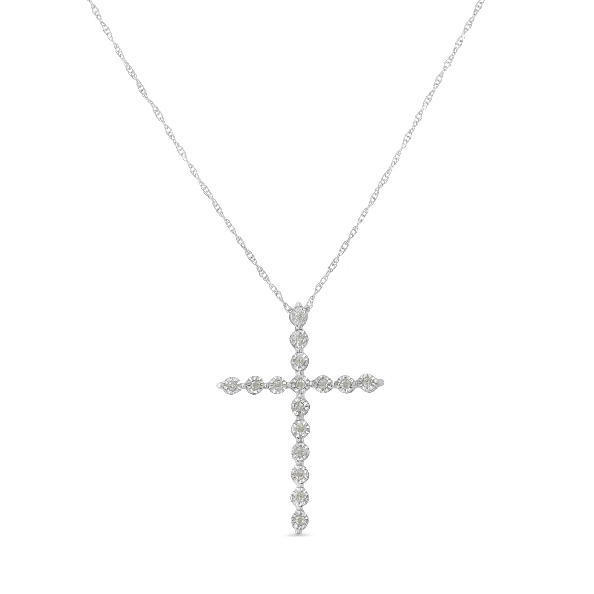 .925 Sterling Silver 1/6 Cttw Brilliant-Cut Diamond Miracle-Set Shared Prong Cross 18" Pendant Necklace (I-J Color, I2-I3 Clarity)