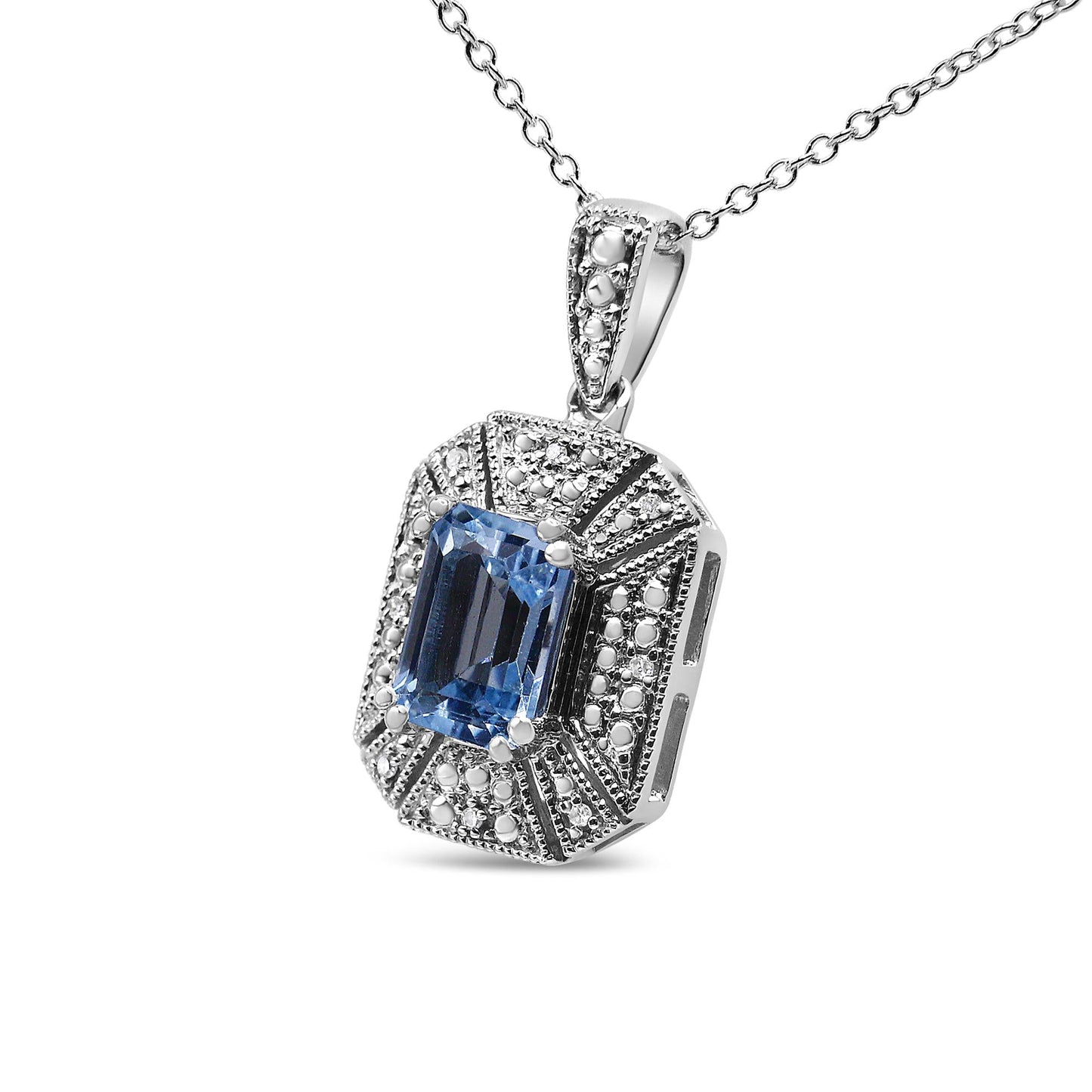 .925 Sterling Silver Blue Topaz and Diamond Accent Art Deco Style 18" Pendant Necklace (I-J Color, I1-I2 Clarity)