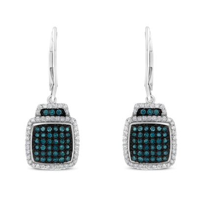 Black Rhodium over .925 Sterling Silver ¾ Cttw Blue and White Diamond Cushion Shaped Dangle Earrings (Enhanced Blue & I-J Color, I2-I3 Clarity)