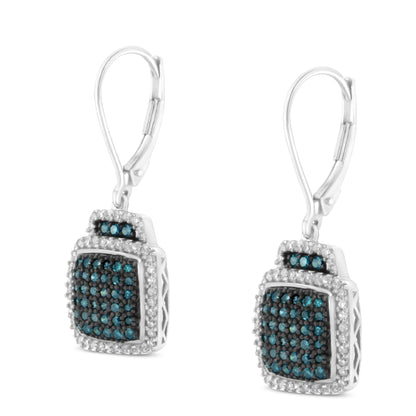 Black Rhodium over .925 Sterling Silver ¾ Cttw Blue and White Diamond Cushion Shaped Dangle Earrings (Enhanced Blue & I-J Color, I2-I3 Clarity)