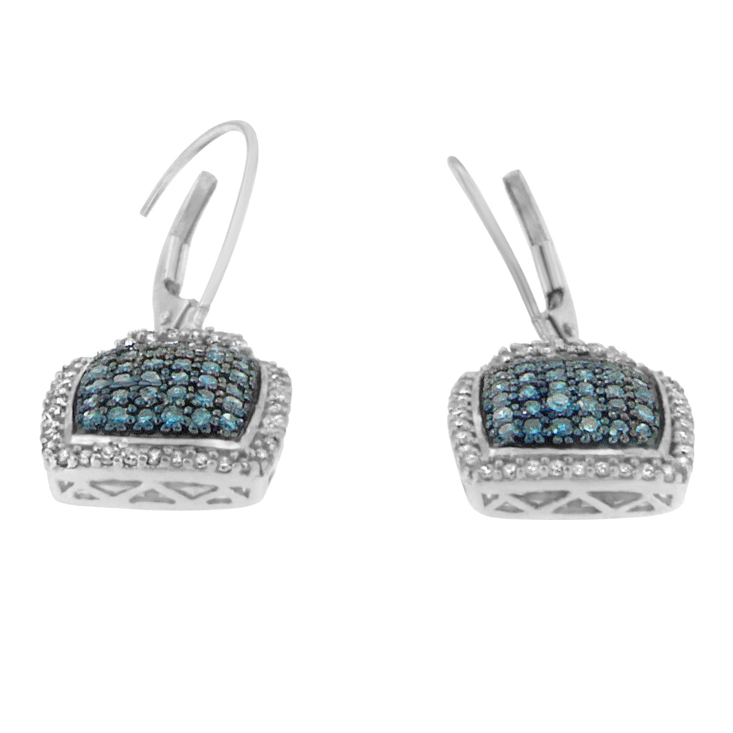 Black Rhodium over .925 Sterling Silver ¾ Cttw Blue and White Diamond Cushion Shaped Dangle Earrings (Enhanced Blue & I-J Color, I2-I3 Clarity)