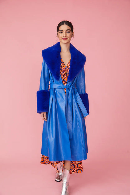 Blue Faux Leather Trench Coat with Faux Fur Collar and Cuffs