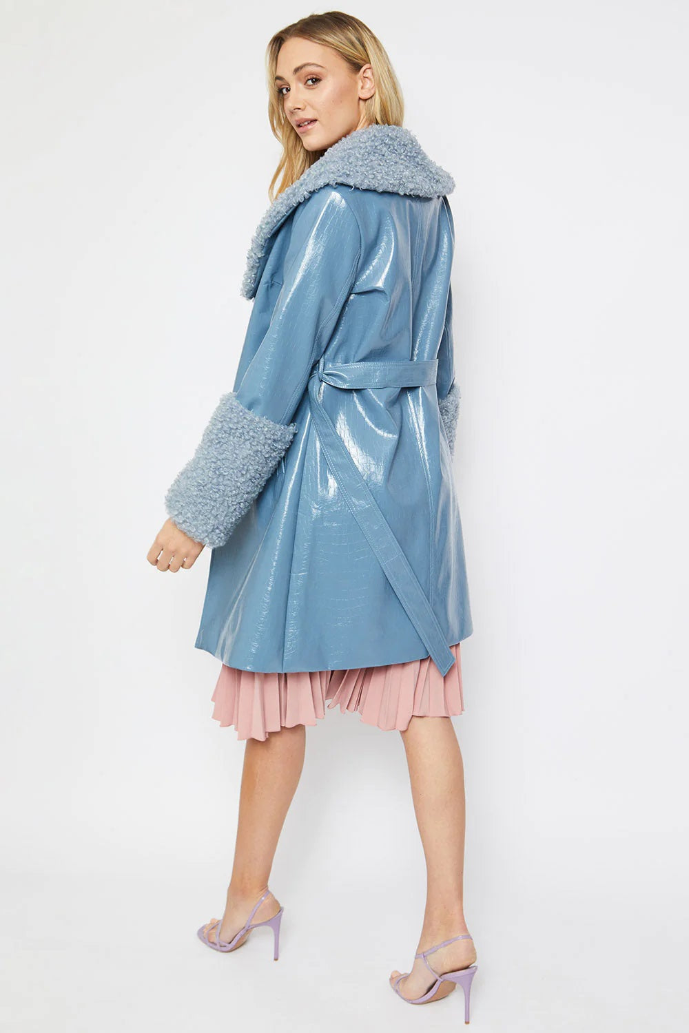 Blue Faux Leather Trench Coat with Faux Shearling Collar and Cuffs