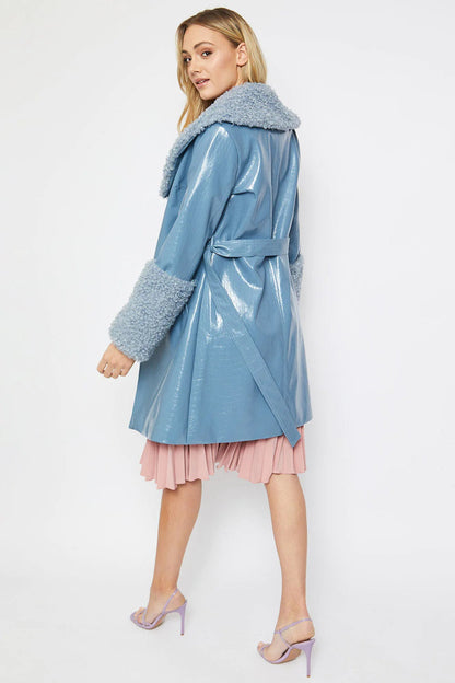 Blue Faux Leather Trench Coat with Faux Shearling Collar and Cuffs