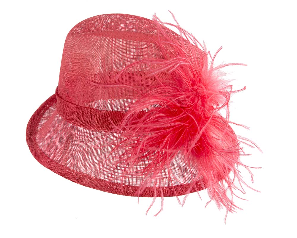 Coral fedora hat with feathers