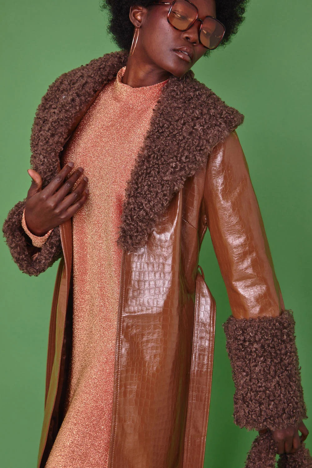 Chocolate Faux Leather Trench Coat with Faux Shearling Collar and Cuffs