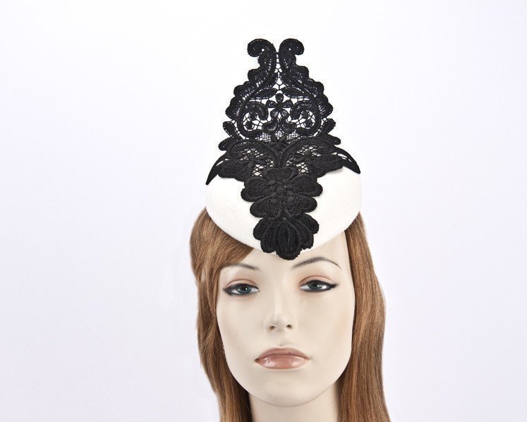 Cream pillbox fascinator with black lace F585C