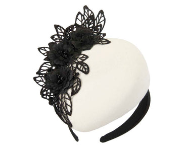 Cream & black winter pillbox with lace