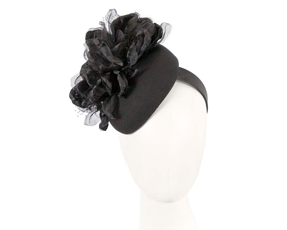 Black pillbox with large flower by Fillies Collection