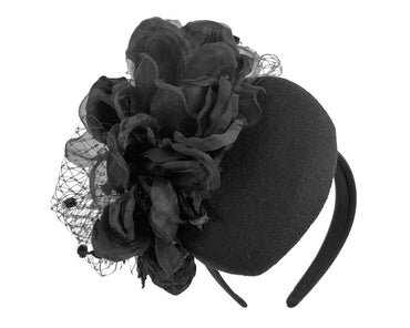 Black pillbox with large flower by Fillies Collection