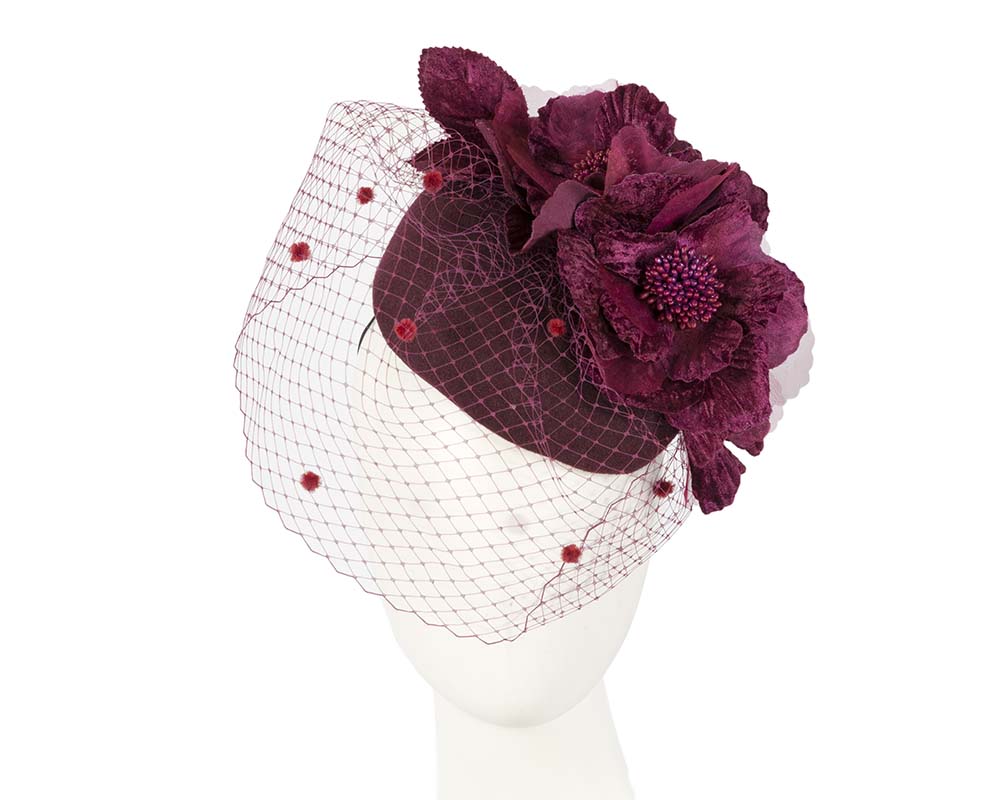 Burgundy winter racing felt pillbox with flower and veiling by Fillies Collection