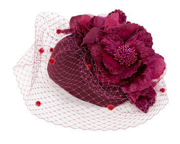 Burgundy winter racing felt pillbox with flower and veiling by Fillies Collection