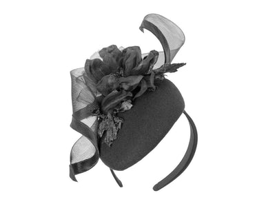 Black winter pillbox fascinator with flower