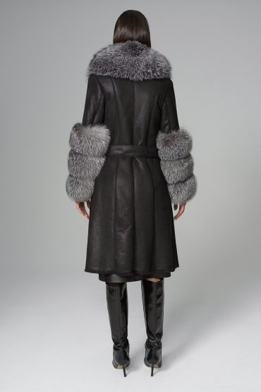 Black Genuine Maxi Lambskin Overcoat with Arctic Silver Fox Fur Collar and Cuffs