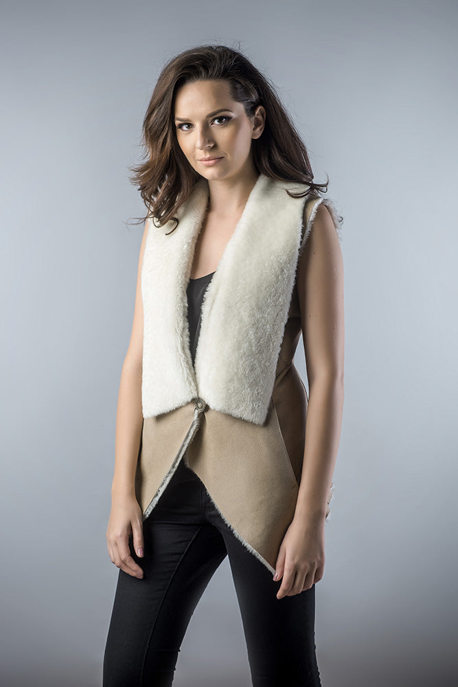 Beige Genuine Nappa Lambskin Merino Fur Vest