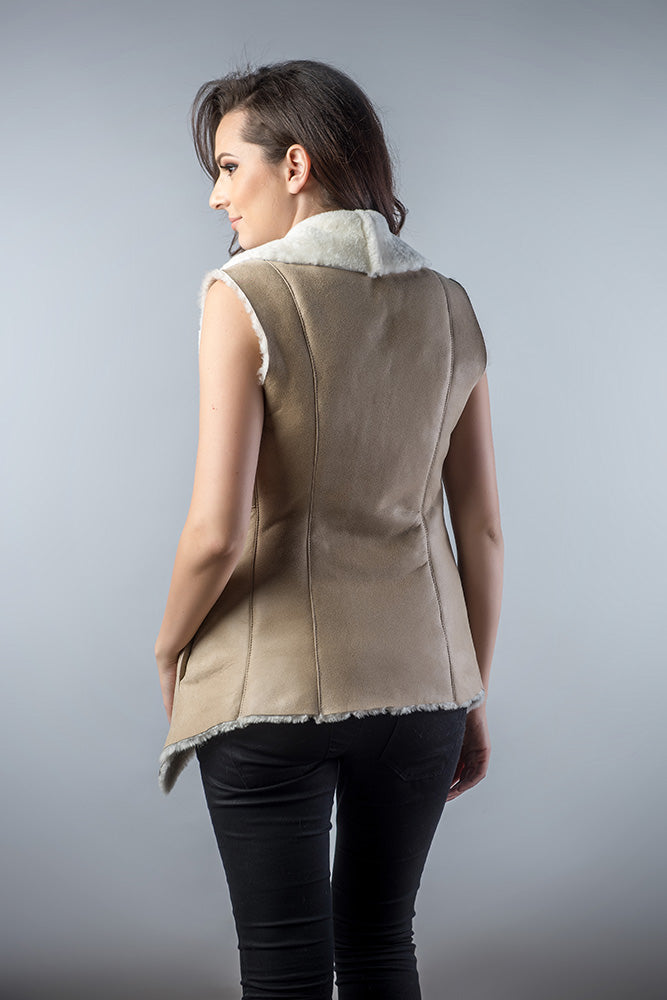 Beige Genuine Nappa Lambskin Merino Fur Vest