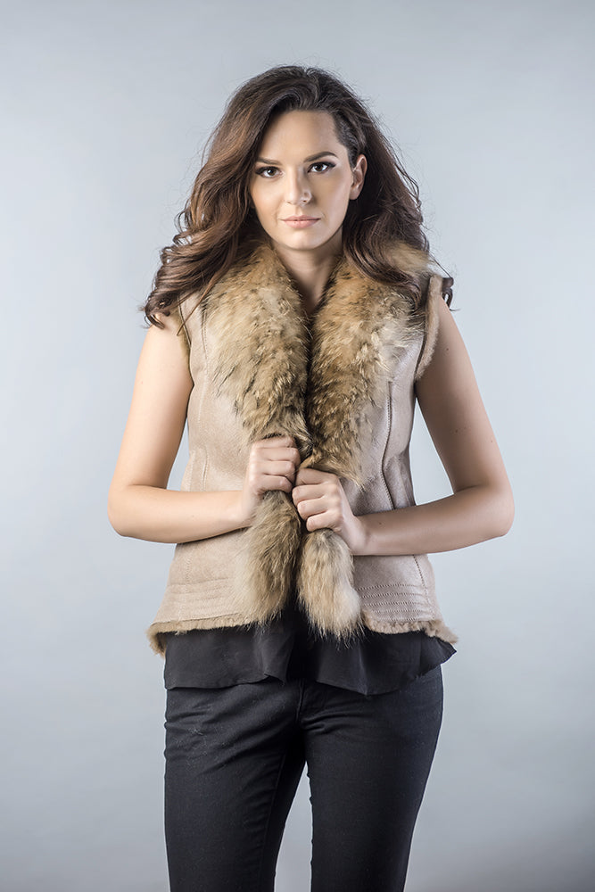 Beige Lamb Nappa Leather Vest with Raccoon Fur Detailing