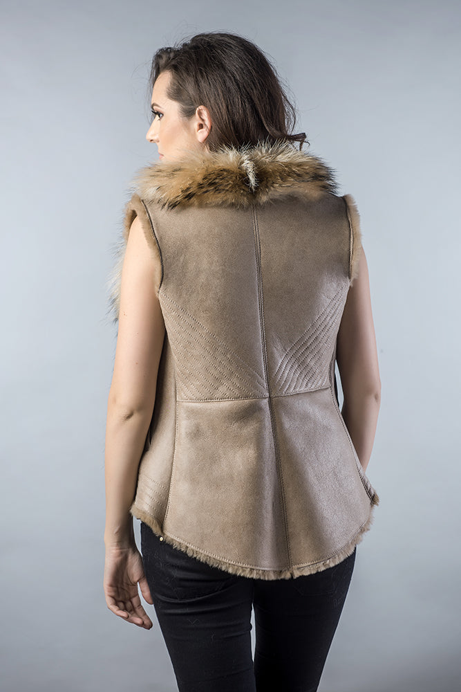 Beige Lamb Nappa Leather Vest with Raccoon Fur Detailing