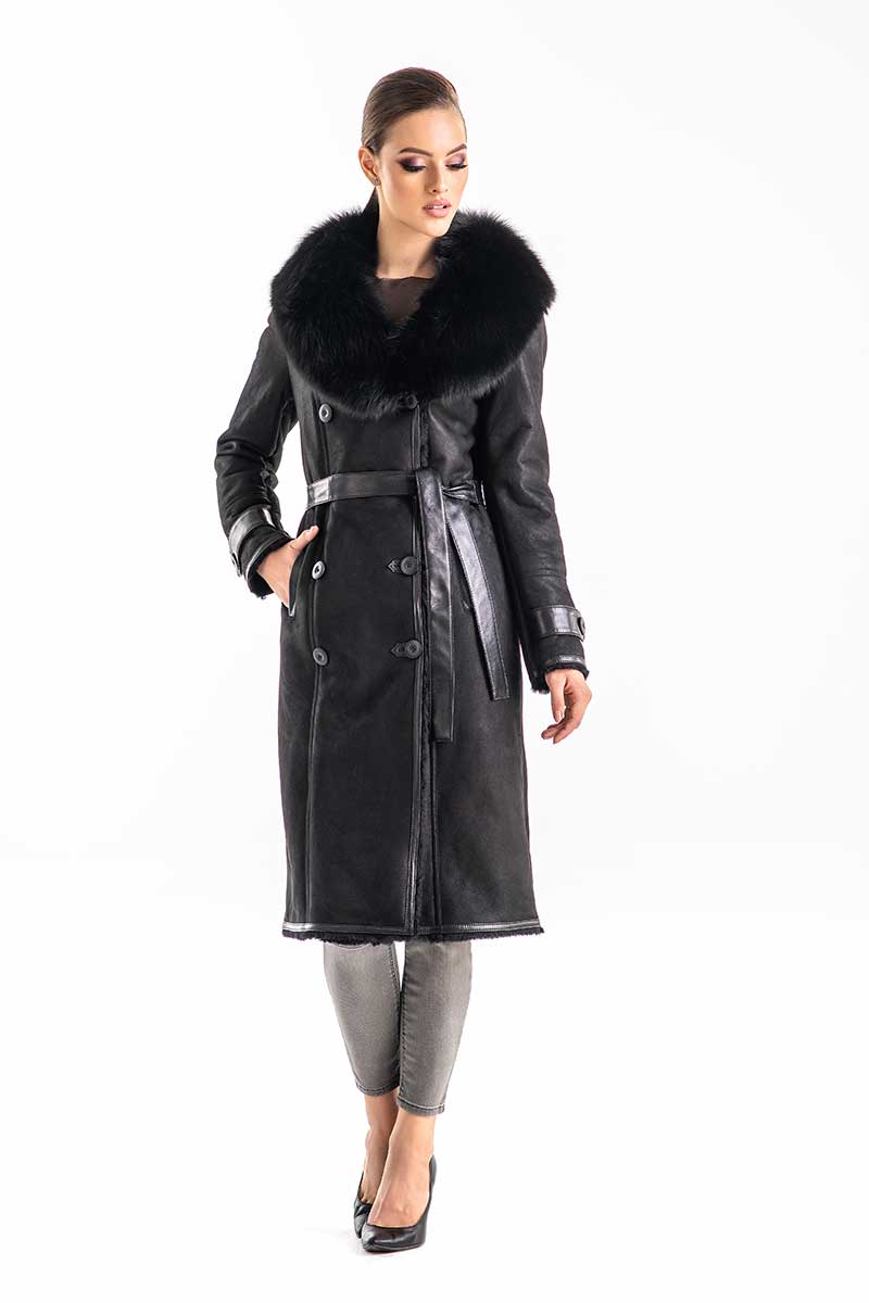 Black Genuine Merino Shearling Coat with Arctic Fox Fur Collar