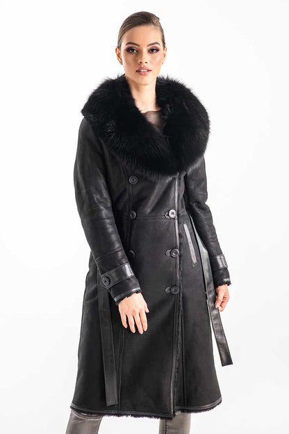 Black Genuine Merino Shearling Coat with Arctic Fox Fur Collar