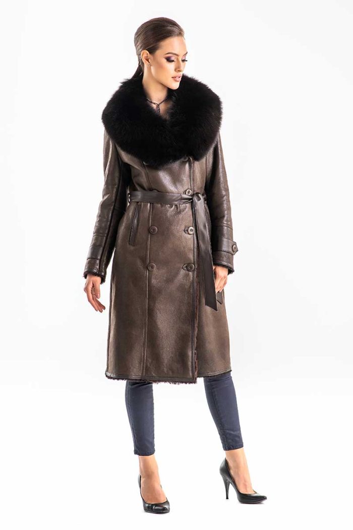 Brown Genuine Merino Shearling Coat with Arctic Fox Fur Collar