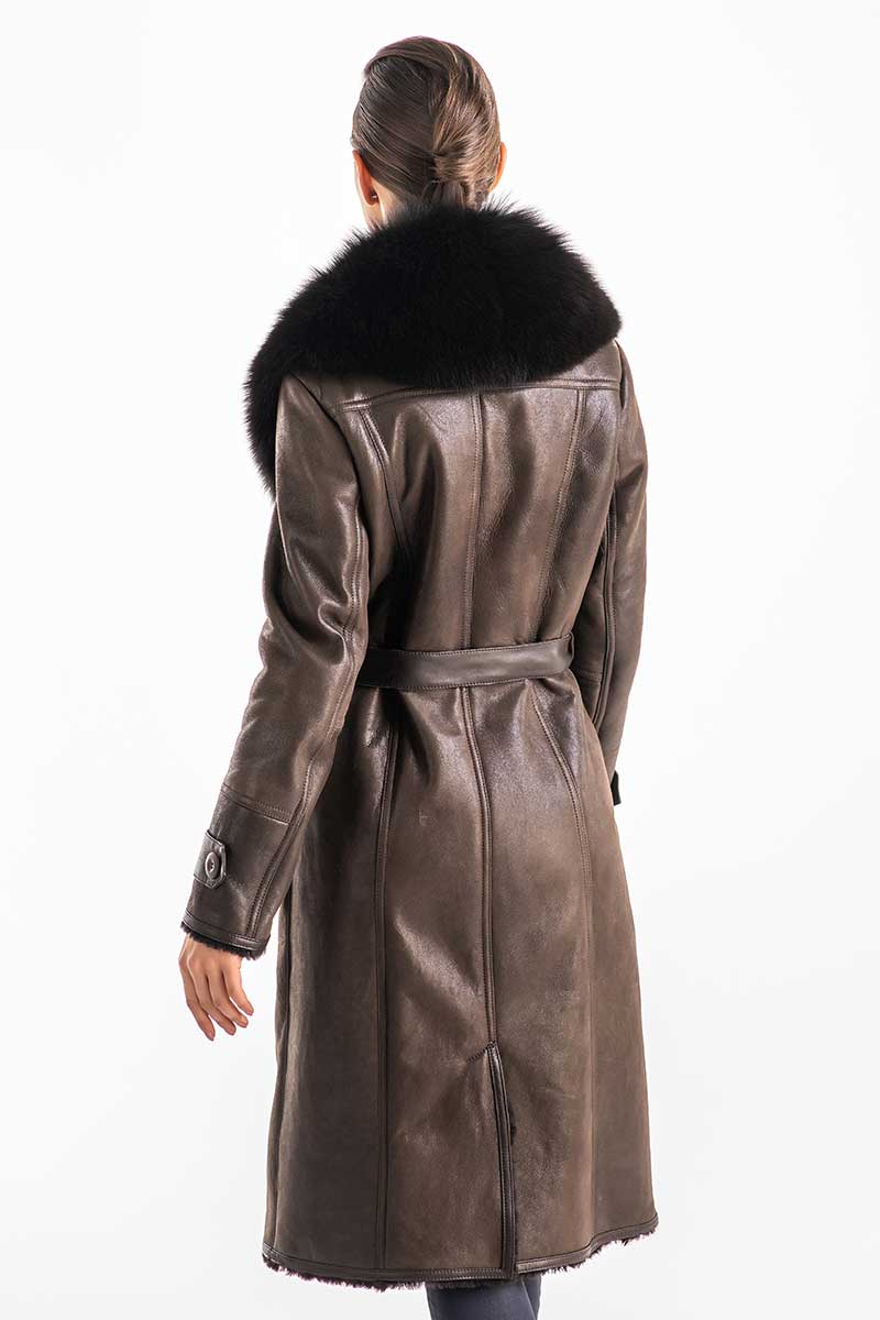 Brown Genuine Merino Shearling Coat with Arctic Fox Fur Collar