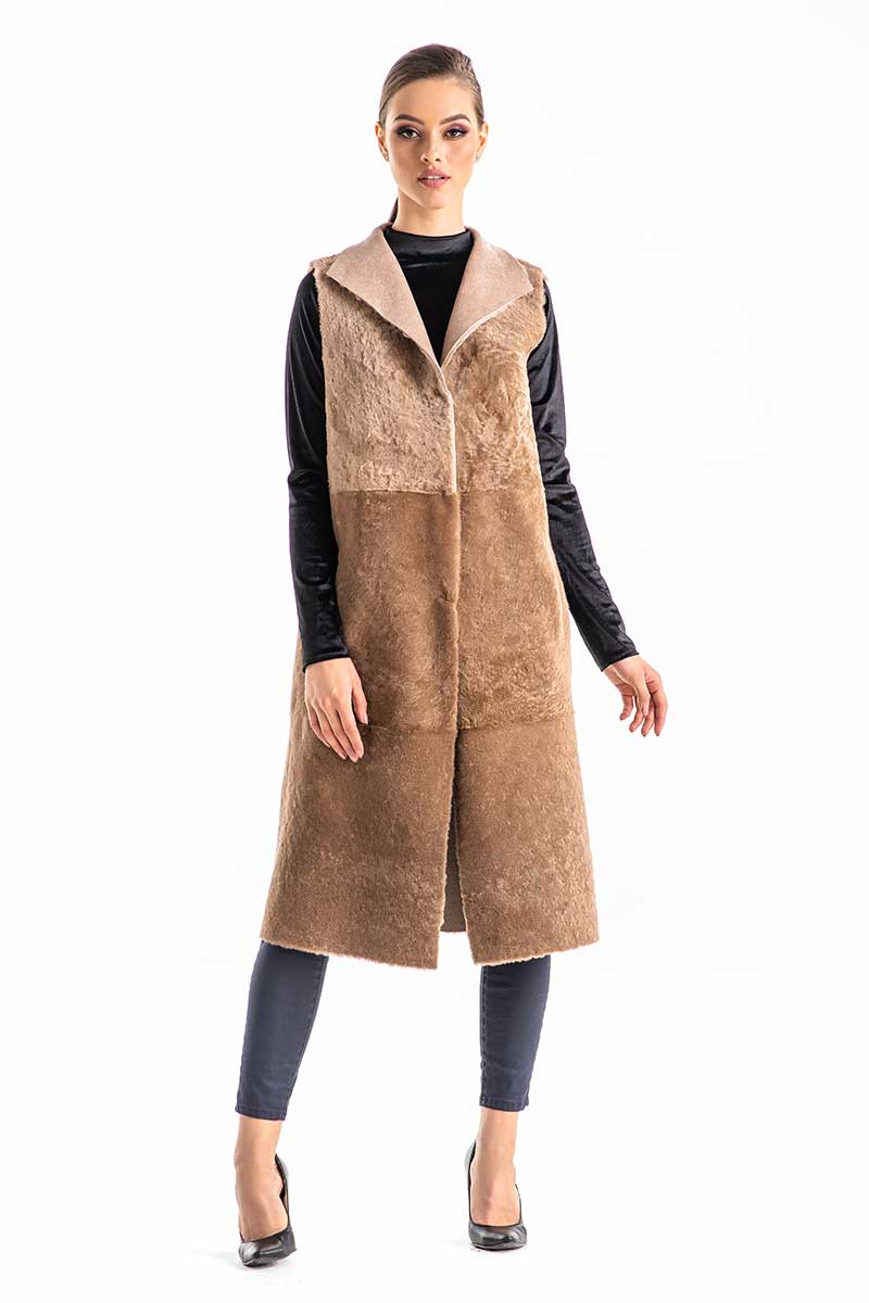 Beige Double Face Geniune Nappa Lamb Leather Mouton Long Fur Vest