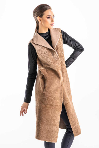 Beige Double Face Geniune Nappa Lamb Leather Mouton Long Fur Vest