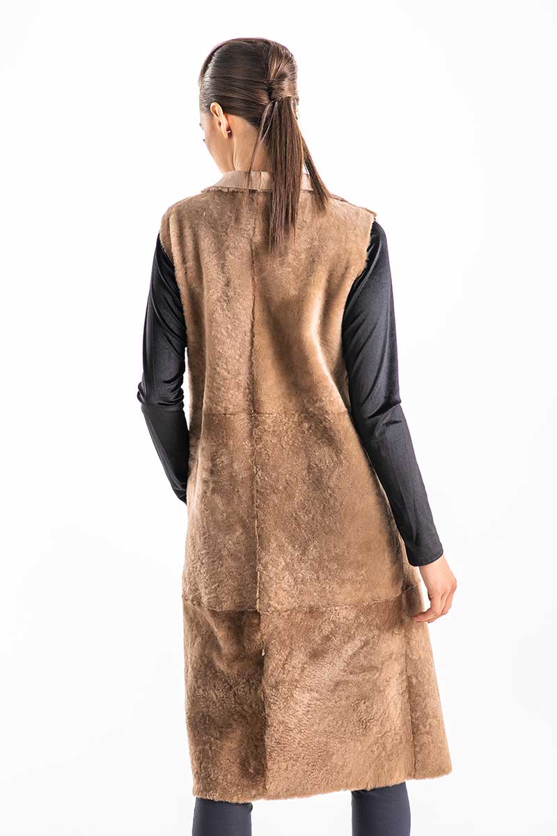 Beige Double Face Geniune Nappa Lamb Leather Mouton Long Fur Vest