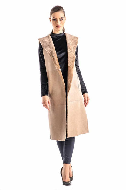 Beige Double Face Geniune Nappa Lamb Leather Mouton Long Fur Vest