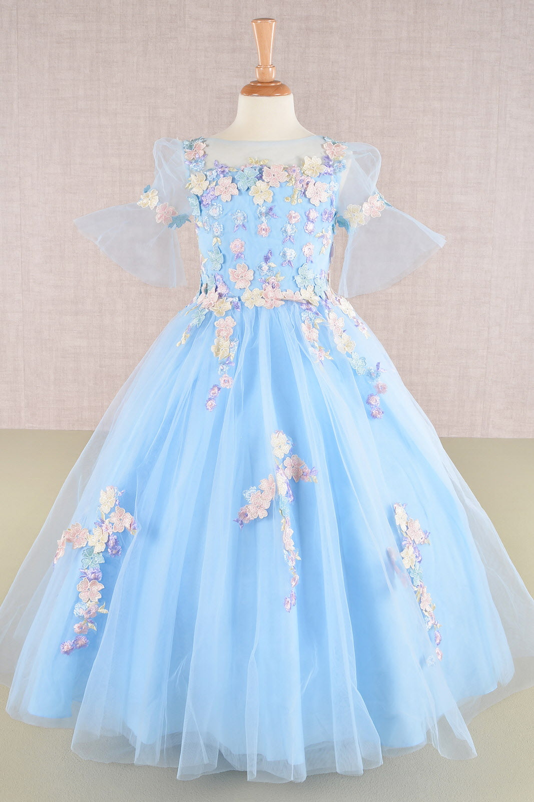 3D Floral Applique Mesh with Long Back Hem Quinceanera Kids Dress GLGK107