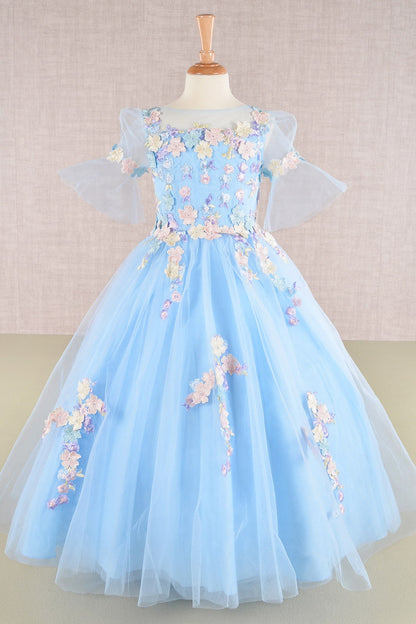 3D Floral Applique Mesh with Long Back Hem Quinceanera Kids Dress GLGK107