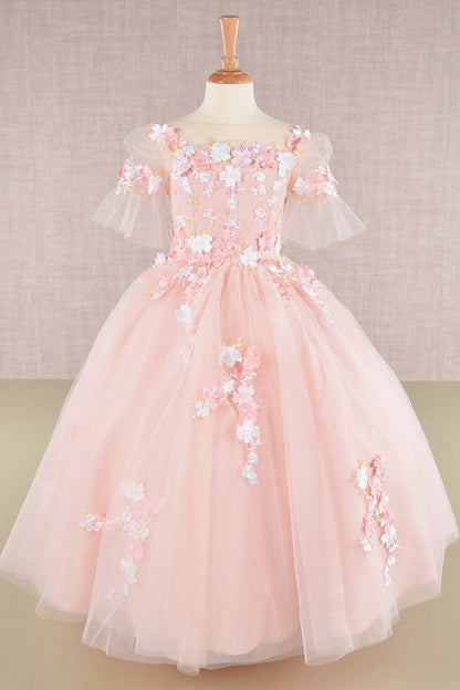 3D Floral Applique Mesh with Long Back Hem Quinceanera Kids Dress GLGK107