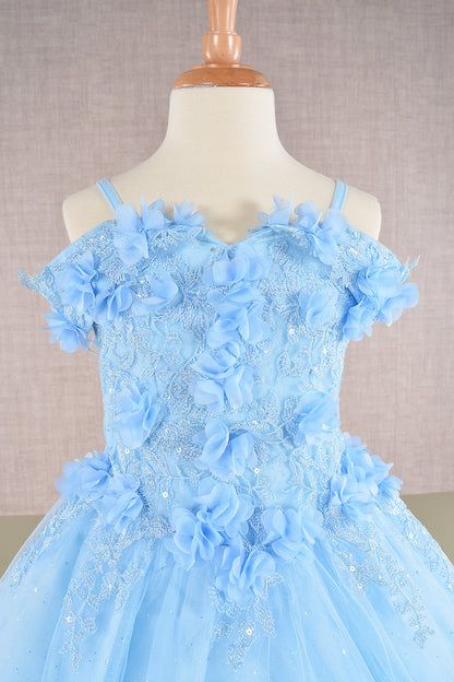 3D Floral Applique Embellished Glitter Embroidery Mesh Quinceanera Kids Dress GLGK110