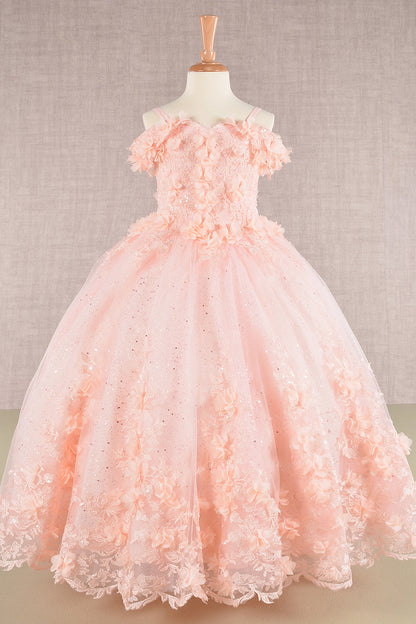 3D Floral Applique Embellished Glitter Embroidery Mesh Quinceanera Kids Dress GLGK110