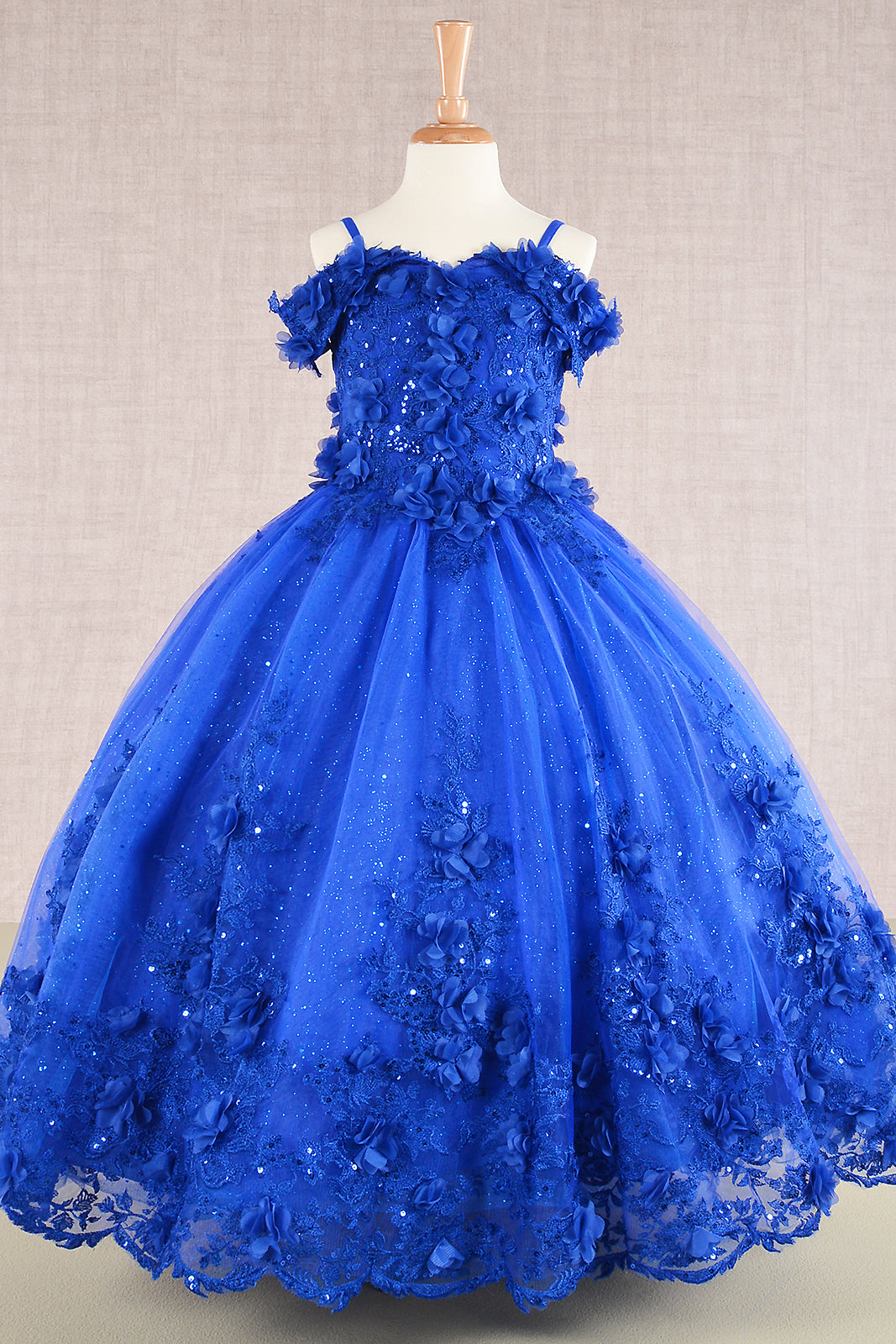 3D Floral Applique Embellished Glitter Embroidery Mesh Quinceanera Kids Dress GLGK110