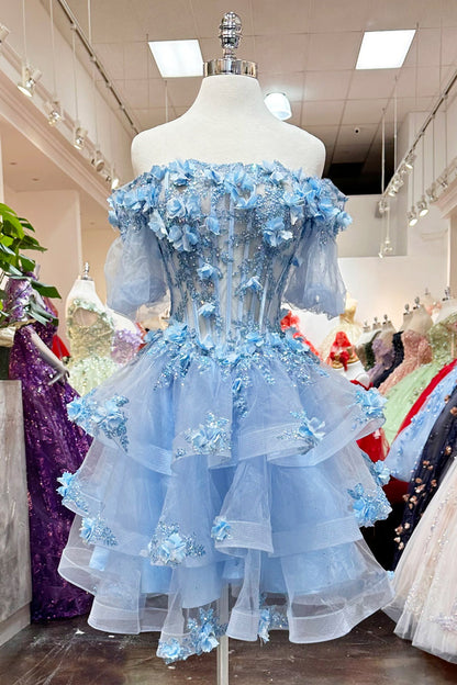 3D Flower Applique Sheer Bodice w/ Ruffle Skirt Off Shoulder Long Quinceanera Dress GLGL3180