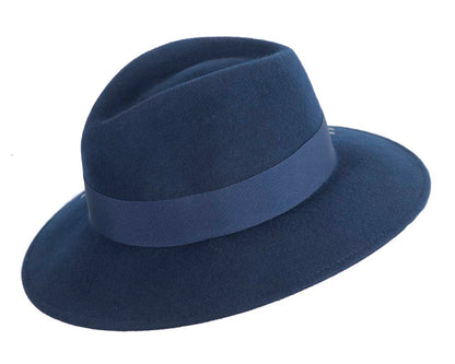 Exclusive wide brim navy fedora felt hat by Max Alexander