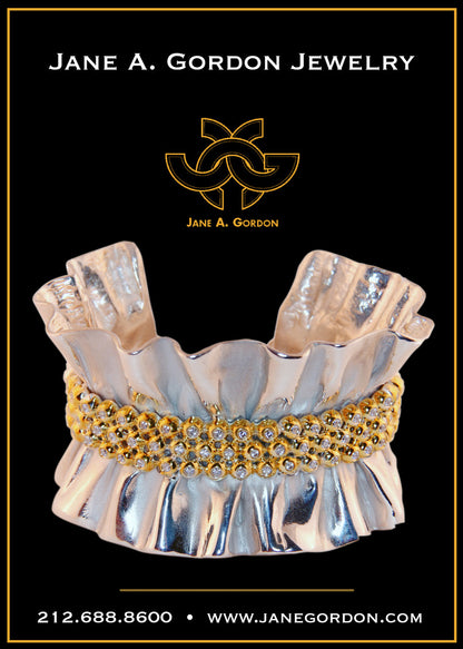 Ruffle Cuff Bracelet: Diamonds in Sterling Silver with 18K Gold Plate Options.