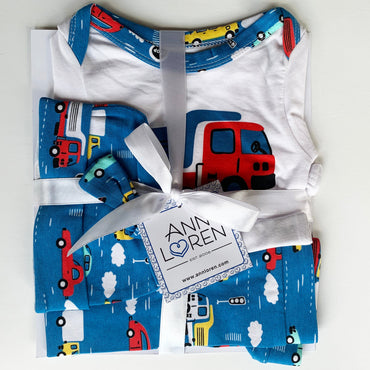 AnnLoren Baby Boys Layette Cars Trucks Long Sleeve Onesie Pants Cap 3pc Gift Set