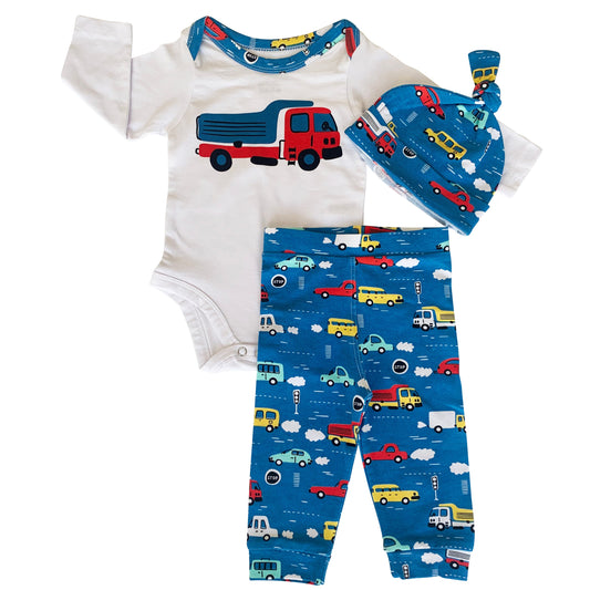 AnnLoren Baby Boys Layette Cars Trucks Long Sleeve Onesie Pants Cap 3pc Gift Set