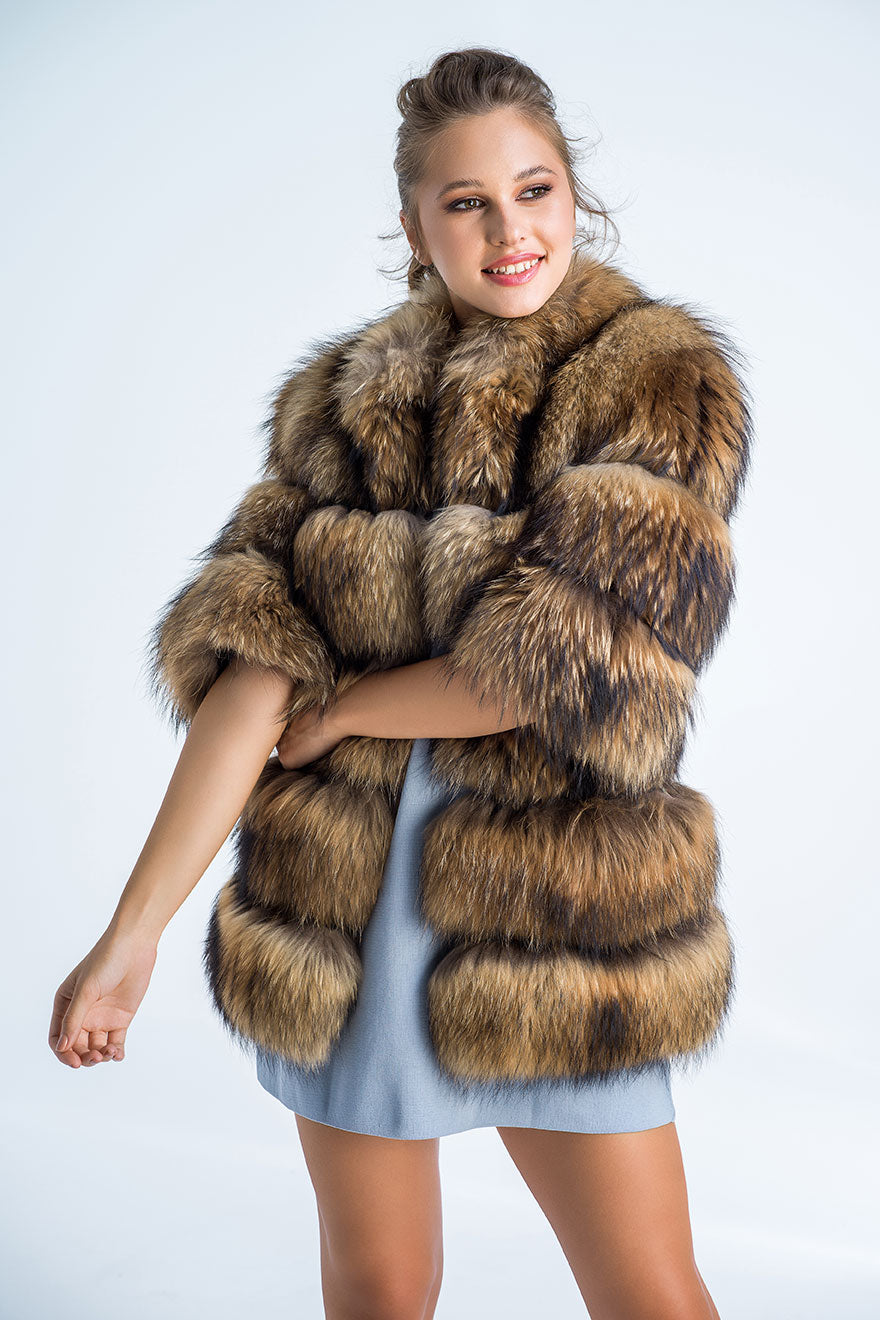 Brown Coat Style Short Sleeve Genuine Raccoon Fur Vest