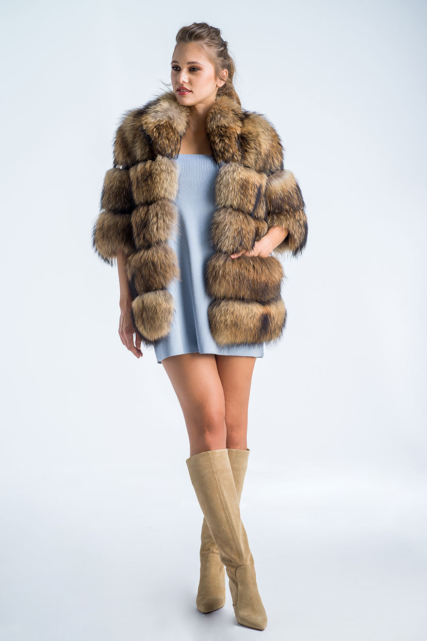 Brown Coat Style Short Sleeve Genuine Raccoon Fur Vest