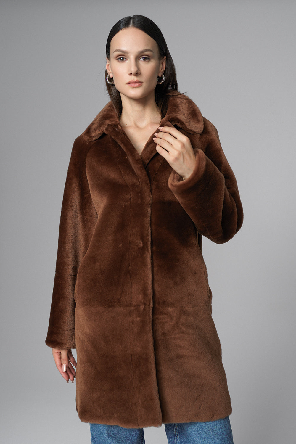 Cognac Reversible Genuine Merino Wool Sheepskin Midi Coat