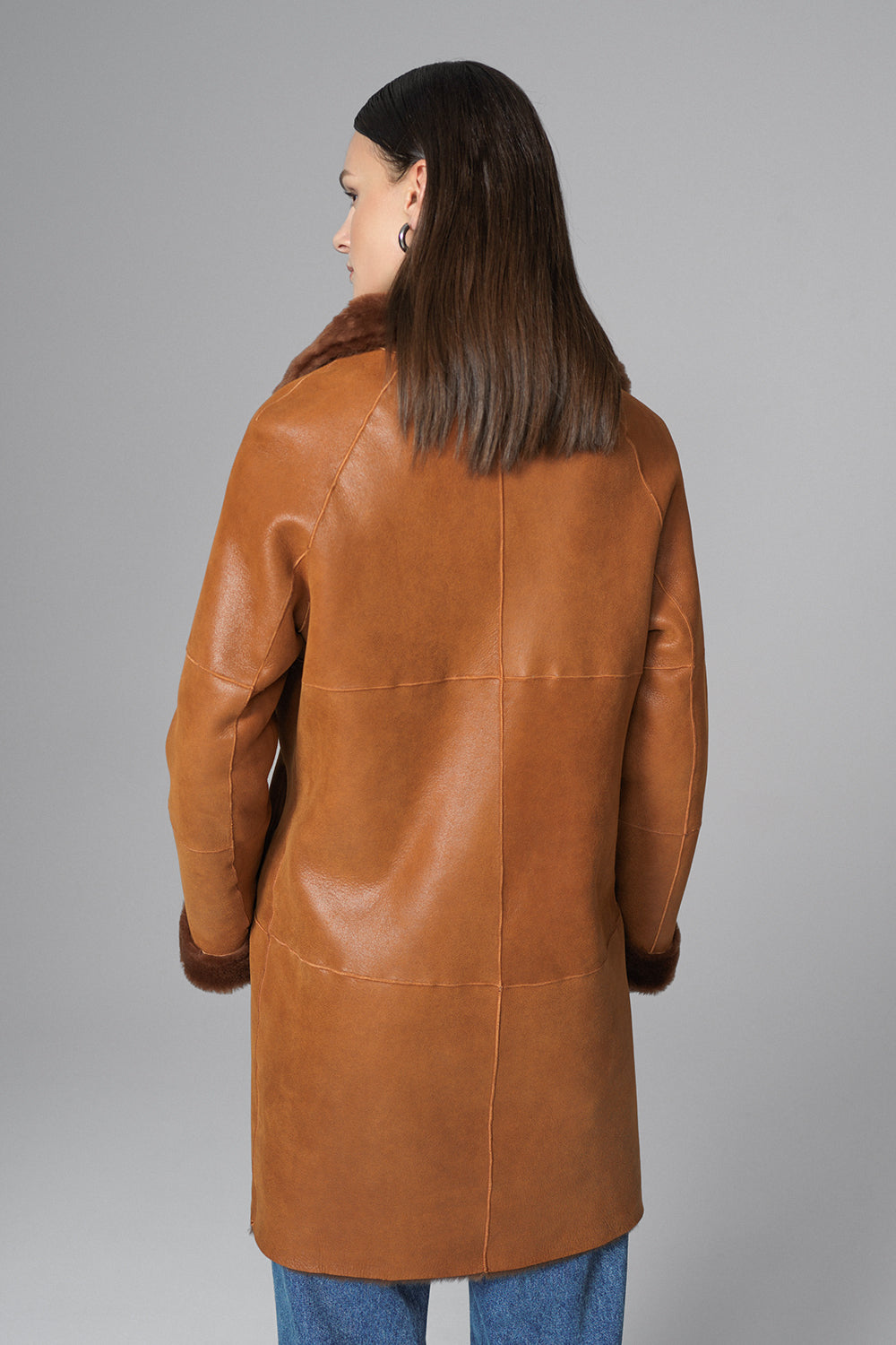 Cognac Reversible Genuine Merino Wool Sheepskin Midi Coat