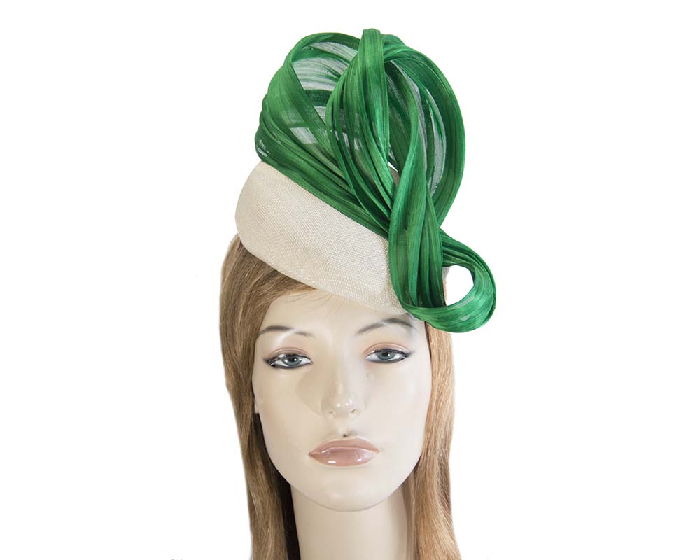 Cream & green pillbox with silk abaca bow by Fillies Collection